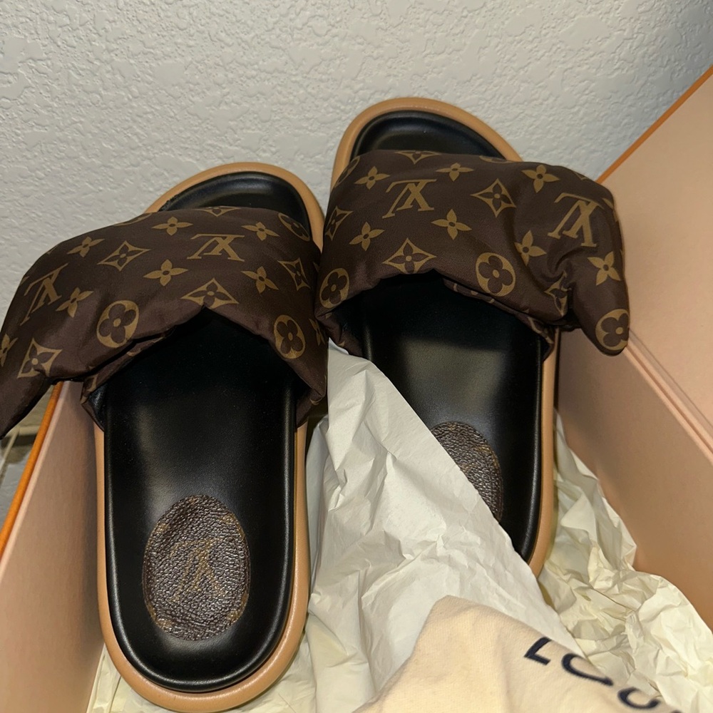 SOLD LV Black and Brown Pillow Slides